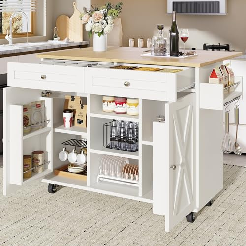 Wyibwy Mueble carro de cocina, isla de cocina sobre ruedas con encimera plegable, carrito de comedor con estantes para aperitivos y toallero, mesa de comedor con espacio de almacenamiento, blanco