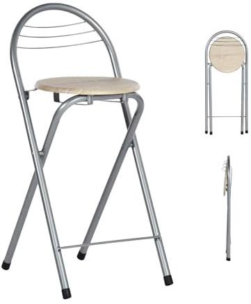 GOKHOMX 1 Stück Klapphocker Faltbar mit Lehne, Tragbarer Faltbarer Hocker Barhocker Klappbarer Outdoor Gartenhocker Klappbar für Garten Balkon Küche Bars Camping, Sitzhöhe 61 cm (Eiche und Silber)