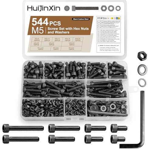 544 Stück M5 Schrauben Set, Innensechskantschrauben Muttern Set, Zylinderschrauben mit Muttern mit Unterlegscheiben Sets, Schwarz Maschinenschrauben Sortiment, Gewindeschrauben Set