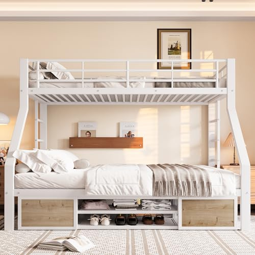 NovaFurnish Etagenbett 90 x 200 cm+140 x 200 cm, Kinderbett, mit Schuhschrank, Staufächern, Sicherheitsgeländer, Leiter, EN747-zertifiziert, ohne Matratze (Weiß)
