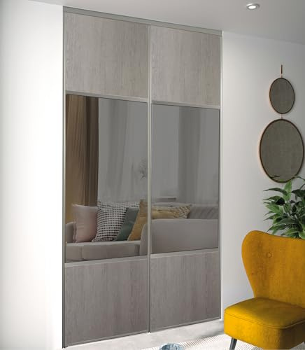 2 portes de placard coulissantes pour une hauteur de 250 cm et une largeur totale de 120 cm, décor chêne cendré, partitionné miroir argent, profils et rails gris inclus