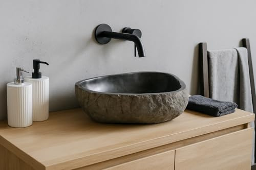 Marblechic - Lavandino in pietra naturale scolpita a mano – 57x48x15 cm – Design unico pietra di fiume