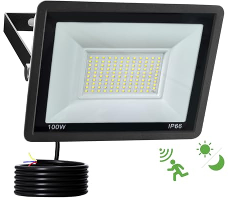 JBdusn Projecteur LED 100W avec détecteur de mouvement, spot extérieur 6500K avec Capteur Radar et Crépusculaire, applique murale extérieure étanche IP66, pour garage, sous-sol, escaliers