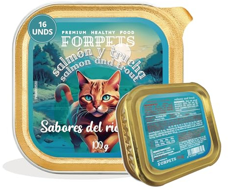 FORPETS Comida Húmeda Gatos Salmón y Trucha Pack 16x100g Paté Suave Alto en Proteína con Taurina Vitaminas Alimento Completo Comida Humeda Diario Gatos Adultos Textura Apetecible Lata Servir