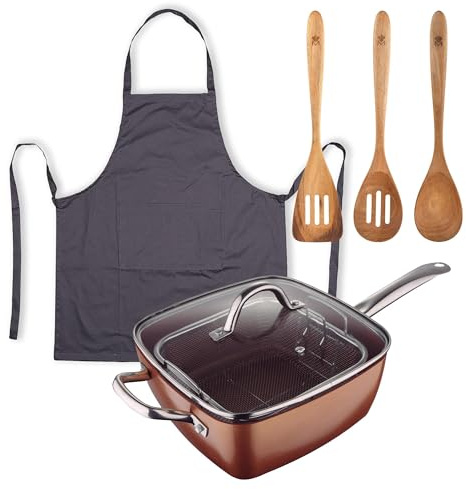 Juego de Sartén Cuadrada 24x24cm en aluminio prensado + 3 Utensilios de cocina de madera + Delantal gris 100% Algodón Optimum Copper Bergner