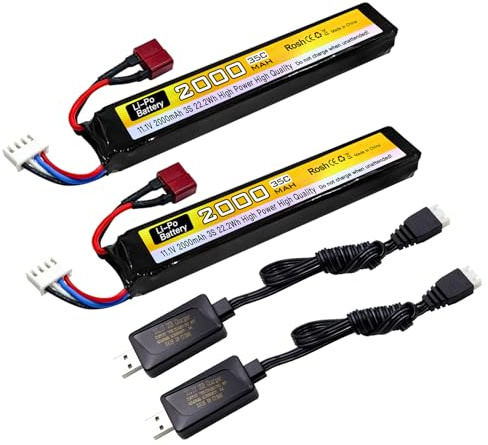 ZYGY 2PCS 11.1V 2000mAh Lipo Batterie mit T-Stecker mit USB-Ladekabel für Luft-Softball-Modell-Pistole Spezielle aufladbare 3S Lithium-Polymer-Batterie für Luft-Softball-Pistole