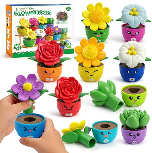 Meemazi 10 Sets Flower Garden Toddler Toys, Kids Gardening Building Toy, Color Shape Sorting & Stacking Game, Montessori Preschool Learning Activities for Toddlers 1 2 3 Year Old