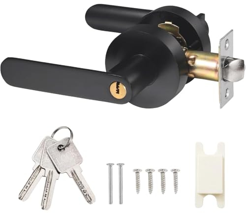 Cumnvulnt Door Handle Lock, Reversible Internal Black Door Handles with Lock and Key, Heavy Round Entry Black Door Lock for Bedroom Bathroom Kitchen Office Left or Right Handing