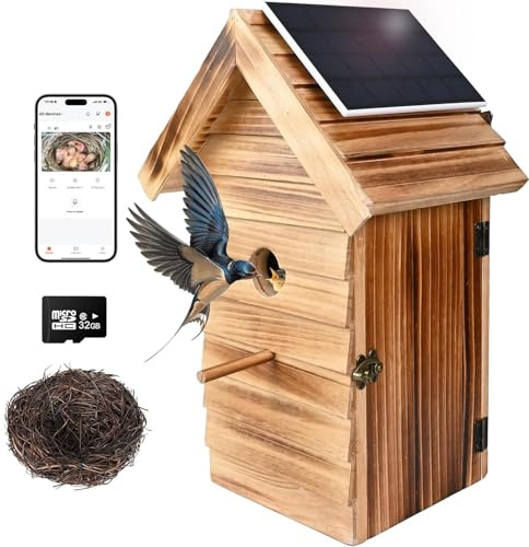 Bird Box with Camera, BirdHouse Outdoor Nesting with Auto Capture Photo & Video, 2.4G WiFi & App Notify 160° Wide Wireless，Wood BirdHouse(Dark)