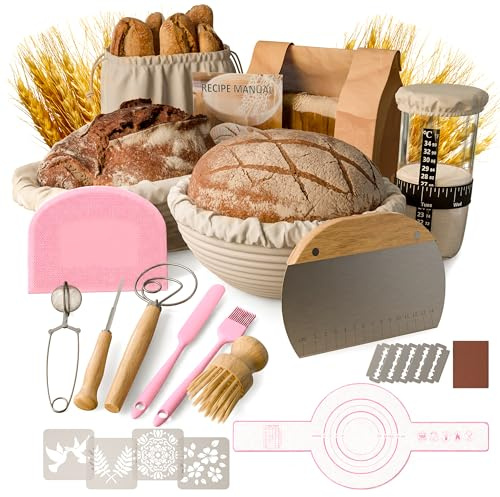 Gärkörbchen Für Sauerteig Starter Set, Gärkörbe in 25 cm und 23 cm | zum Brotbacken mit Sauerteig-Starterglas und Brotbackzubehör, Geschenkset für Anfänger und erfahrene Bäcker, Rosa
