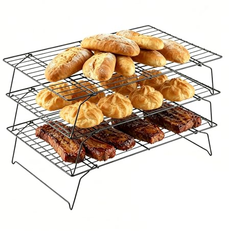 BTCLASSIC Rejilla de Enfriamiento de 3 Niveles Apilable, Rejillas para Enfriar Repostería Antiadherente, Rejilla de Acero al Carbono Plegable para Galletas, Bizcochos, Magdalenas, Pan, 34x 24 cm