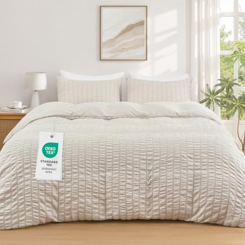 Duvetnova King Size Duvet Cover Sets Beige Seersucker Bedding Set OEKO-TEX Soft Breathable Microfiber with Zipper Closure All Season 230 × 220 cm with 2 Pillow Cases