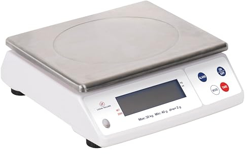 Louis Tellier - Balance cuisine professionnelle électronique 30kg/2g IP53 | Précision 2g, plateau inox amovible 29,8x23,6cm ; pieds réglables, tare, unités kg/oz ; IP53, 4 piles fournies, témoin usure