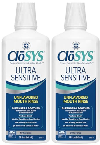 CloSYS Ultra Sensitive Mouthwash, 32 Oz, Pack of 2, Alcohol Free Mouthwash, Unflavored Mouth Wash, Dye Free, pH Balanced, Helps Soothe Entire Mouth