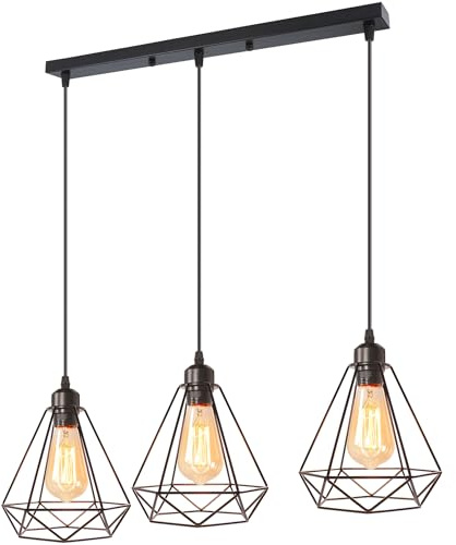 iDEGU 3-flammig Industrielle Pendelleuchten, Vintage Hängelampe Schwarze Pendellampe aus Metall E27 Retro Hängeleuchte im Geometrisch Käfig Stil- Ø 20.5cm