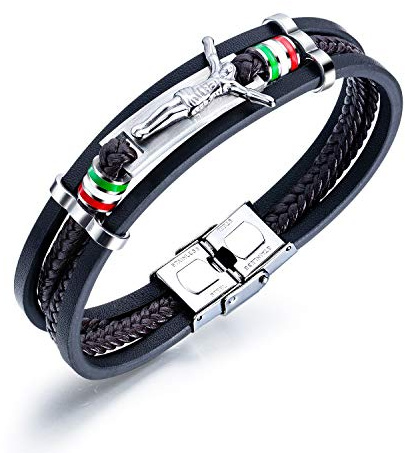 Feilok Herren Lederarmband Echtleder mit Jesuskreuz und Edelstahl Schwarz geflochten mit Push-Pull-Verschluss verstellbar