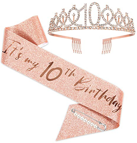 10. Geburtstagsschärpe und Tiara für Mädchen, Roségold Geburtstagsschärpe Krone 10 & Fabulous Schärpe und Tiara für Mädchen, 10. Geburtstagsgeschenke für alles Gute zum 10. Geburtstagsgeschenk