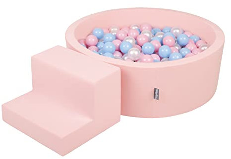 KiddyMoon Parque Infantil De Espuma con Rodondo Piscina De Bolas (100 Bolas) para Niños, Rosa:Azul Claro/Rosa Claro/Perla