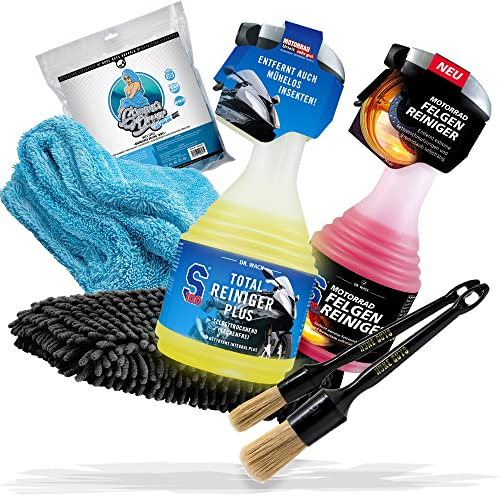 Motorcykel rengöring & torkning bunt – Dr. Wack S100 Total Cleaner 0,75 l S100 fälgrengörare 0,5 l Nuke Guys Gamma Dryer torkduk 2 x Nuke Guys borste + detailmate tvätthandske