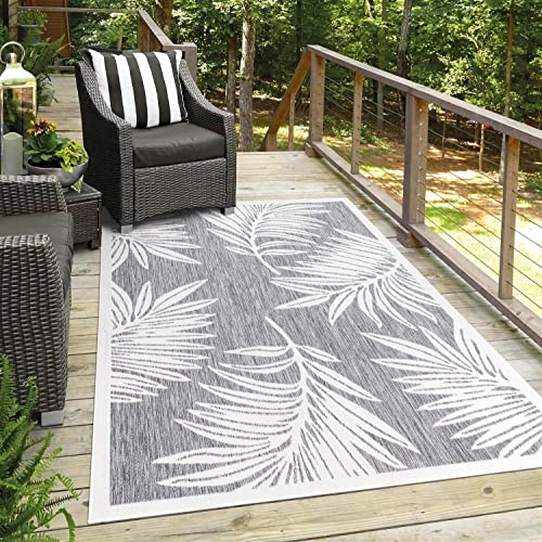 carpet city Outdoor-Teppich Wetterfest Balkon Terrassen - Grau in 200x200 cm Quadratisch - Deko Teppiche Außen Wasserfest - Balkondekoration Florale-Optik Wohnzimmerteppiche