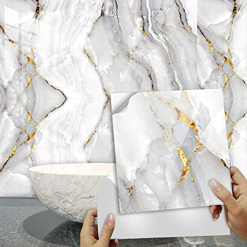 Fliesensticker Bad 30x30 CM Goldener Marmor 3D Selbstklebende Deko für Küche und Badzimmer (10 Stück)Vinyl Wasserdicht