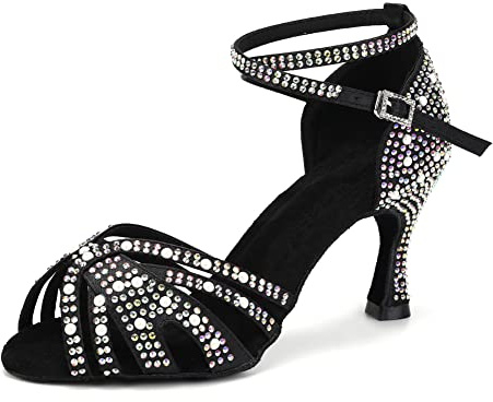 TINRYMX Scarpe da Ballo Latino Donna Strass Tango Salsa Prestazioni Professionale Scarpe da Ballo,L506-Nero-7.5CM,38 EU