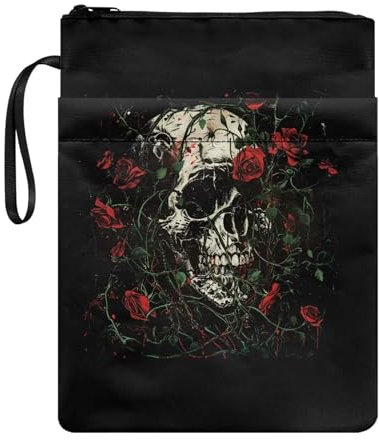 Xoenoiee Buchhülle mit roten Rosen und Totenkopf-Muster, für Buchliebhaber, Buchumschläge für Taschenbücher, Buchschutztasche mit Reißverschluss, Buchhülle für Lehrer, Studenten