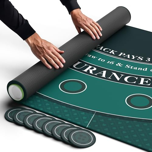 Newverest Blackjack matta 178 cm x 89 cm, Blackjack bordsskiva för hemspelkvällar med vänner | Black Jack Casino bordsdekoration, pokermatta layout i förvaringsväska med dragkedja med 8 underlägg i