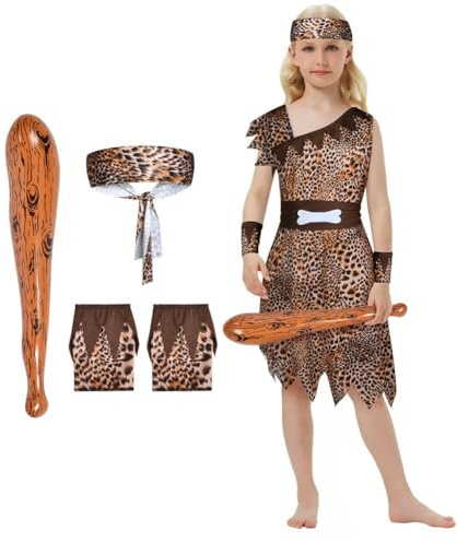 AYBUY Costume da uomo delle caverne per bambine, costume a tema età della pietra, vestito da ragazza della caverna selvaggia, abito con stampa leopardata, cintura marrone, foulard, polsini, bastone