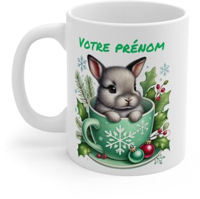 Mug Personnalisable Prénom avec Lapin de Noël en Céramique - Tasse Adorable pour Enfants et Adultes