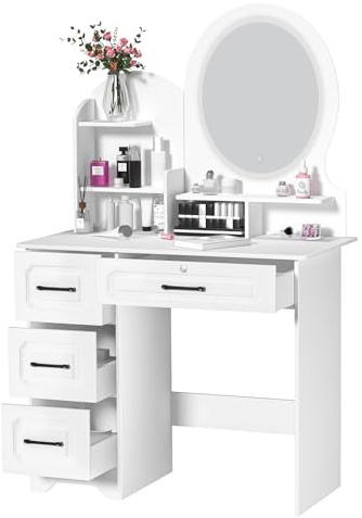 Haibinsuo Schminktisch mit Spiegel und Lichtern, Europäischer Stil, Make-up-Schminktisch mit 4 Schubladen, Weiß