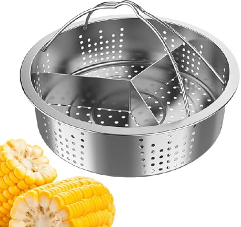 Cestello per vapore in acciaio inox, griglia per verdure, pentola a vapore Tamale, 3 divisori MoistureFrame, separatore triplo multifunzionale con due manici, 21 x 21 x 6,5 cm, argento, 1 pezzo