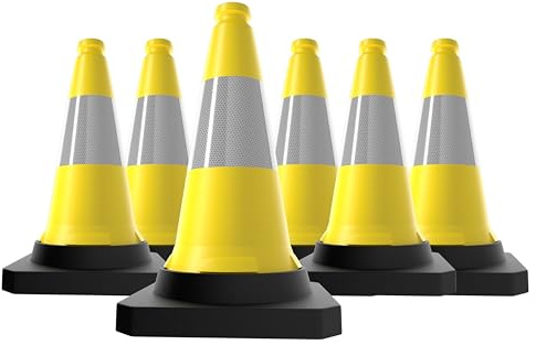 Berry 50CM Traffic Cone - Yellow | High Visibility Safety Cone with Black Base | Wind Resistant Reflective Traffic Cone | 20Inch PE Portable Road Cone for Street, Driveway & Parking Safety - 6 Cones