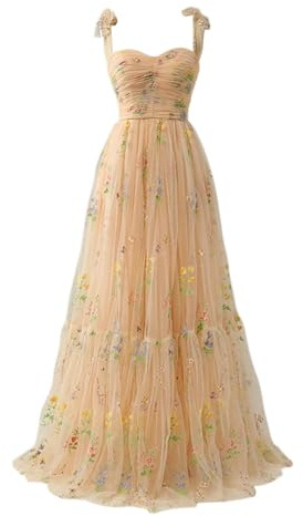 Vhersily Abiti Damigella d'Onore, Donna Ricamo Floreale Tulle Abiti da Ballo, Corsetto Lungo Spaghetti Fata Ruggine Abito da Sera Formale Vestito da Festa, Vestiti Primaverile, da Cocktail, Raffinato