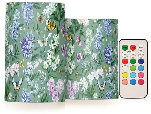 Spring Flowers Hyacinths Peonies Butterflies Sage Green Flameless Pillar Candle Led Pillar Candles with Remote for Votive 4 5 Set of 2