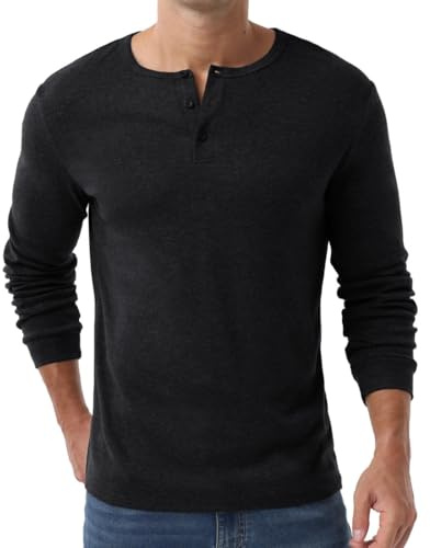 PrinStory långärmad tröja herr Henley vinter fritid knapp t-shirt stickad tröja t-tröjor för män, svart, 3XL