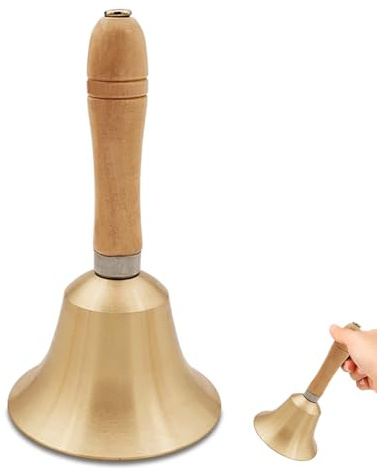Campana grande in ottone giallo con manico in legno, campana decorativa da tavolo, in metallo, per casa, scuola, allenamento con animali, meditazione e decorazione per le vacanze, 15 x 8 cm
