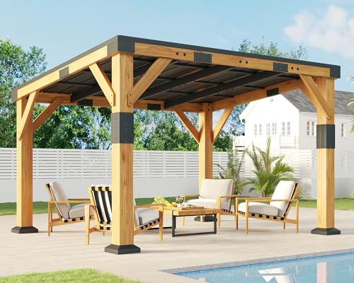 Jocisland 10' x 12' Cedar Wood Gazebo with Sloped Galvanized Steel Roof, Hardtop Gazebo Pavilion with Durable, Rot-Resistant Construction, Permanent Outdoor Pergola for Backyard, Deck & Garden