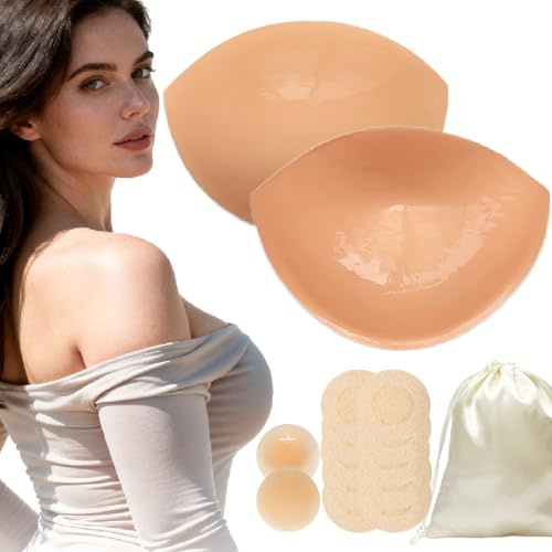 Wieysdoo dubbelsidiga självhäftande bh-inlägg, självhäftande push-up pads för mer volym, återanvändbara och tvättbara bh-kuddar, Beige (toalettform), S