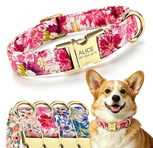 Hundehalsband mit Namen Blumen graviertem Tiernamen | Halsband hund personalisiert mit graviertem Tiernamen für kleine bis große Hunde für Spaziergänge