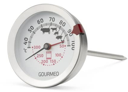GOURMEO Termómetro carne y horno - Medidor doble de temperatura de cocina para carnes y hornos de gas y eléctrico - Con sonda de acero inoxidable - Pantalla analógica de 100 grados