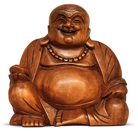 G6 COLLECTION Lachender glücklicher Buddha-Statue, aus Holz, handgeschnitzt, lächelnde sitzende Skulptur, handgefertigt, dekorativ, rustikal, Kunst-Dekoration, Happy Buddha, groß