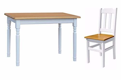 k koma Rustikale Essgruppe aus Kiefernholz: Tisch 120 cm x 70 cm + 4 Stühle im Landhausstil (Farbe Weiss und Erle/Alder)