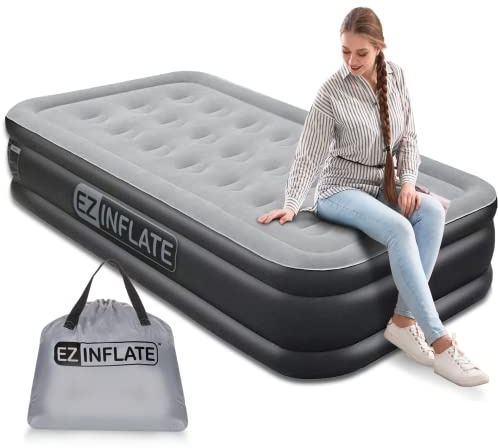 EZ INFLATE Uppblåsbar luftmadrass med inbyggd pump, lyxig luftsäng, uppblåsbar madrass för hemmet, camping, resor, lyxig uppblåsbar, twin svart/grå