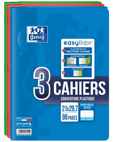OXFORD EasyBook Lot de 3 Cahiers Agrafés Format A4 (21 x 29, 7cm) 96 Pages Grands Carreaux Seyès 90gr Couleurs Assorties