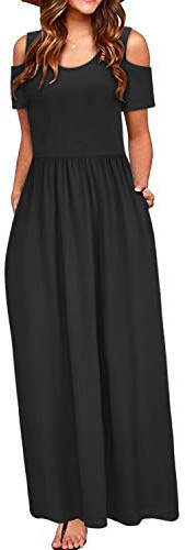 STYLEWORD Women's Summer Cold Shoulder Short Sleeve Maxi Dress Floral Print Elegant Long Dress with Pockets