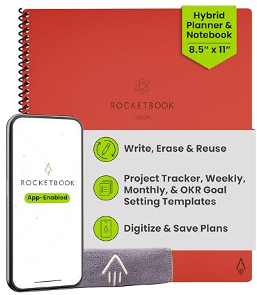 Rocketbook Fusion Reusable Digital Notebook - Smart Notepad A4 Red, 7 Styles, To Do List, Daily Journal, Weekly & Monthly Planner, with Frixion Erasable Pen, Office Gadget Reduces Paper Waste
