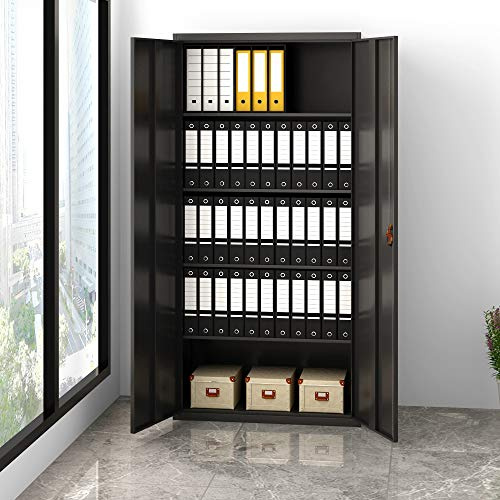 Panana Metal Office Filing Cabinet Tall Storage Cupboard Document Compartments Lockable Double Doors Adjustable Shelves (Black, 5 Tier)