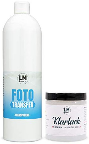 LM Foto Transfer Medium (1 Liter) & Schutzlack (250 ml) zum einfachen Übertragen von Laserausdrucken, Laserkopien, Zeitungsausschnitten und Zeitschriftenbildern auf Holz oder andere Untergründe