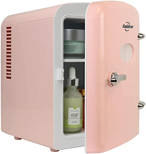 Koolatron Retro Mini Fridge For Bedrooms 12V Portable Cooler Refrigerator 4L Small 6 Can Table Top Quiet Mini Fridges For Skincare Food Drinks Kids Home Car & Travel Pink